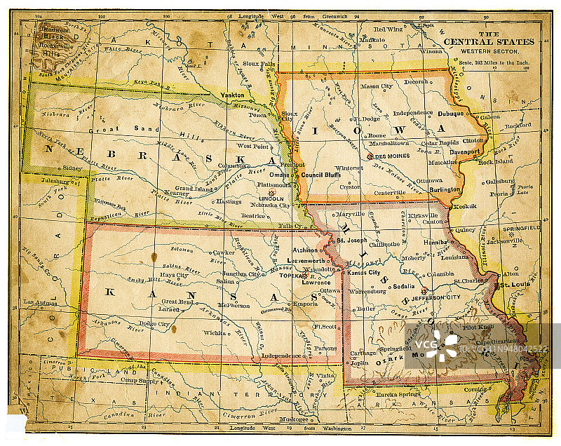 美国中部各州地图，1883年图片素材