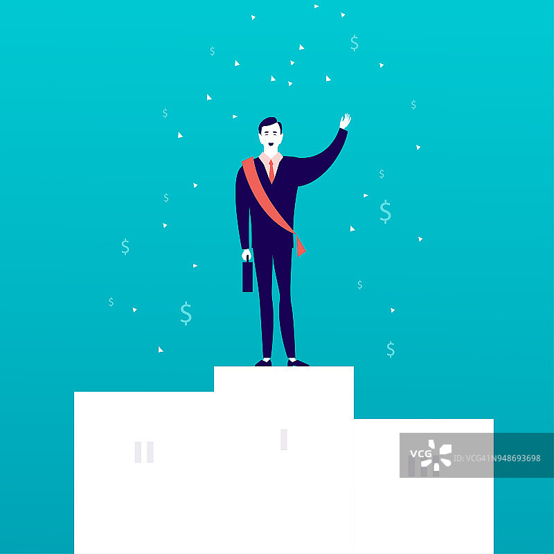 矢量平面插图与成功的商人站在白色讲台上的金钱标志落在孤立的蓝色背景。图片素材