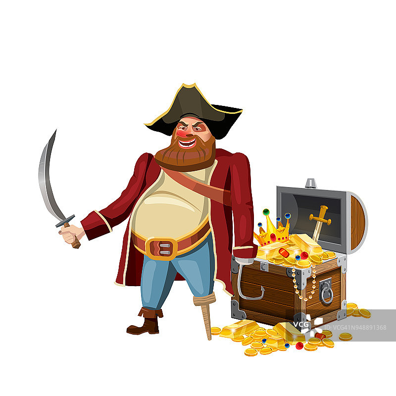 老海盗用一条腿和钩和军刀，守卫宝箱，矢量，孤立，卡通风格图片素材