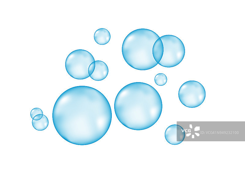 白色背景上的空气、水或氧气蓝色气泡。图片素材