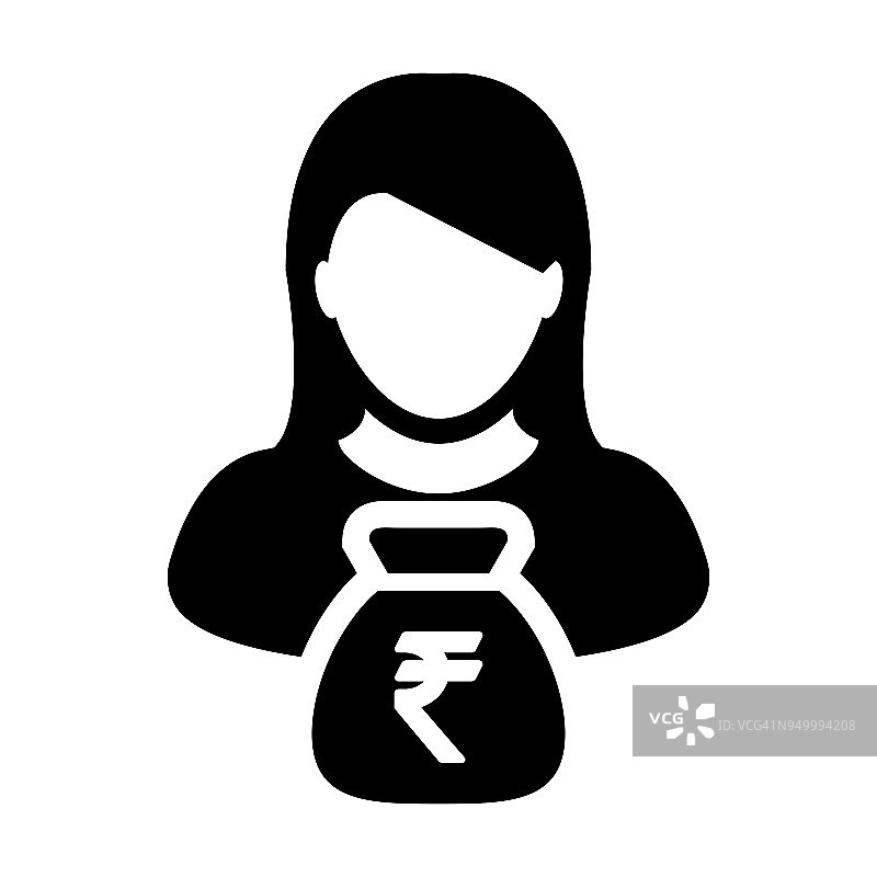 印度卢比符号图标向量人女性符号阿凡达与商业金融和银行储蓄帐户的钱袋在象形图图片素材