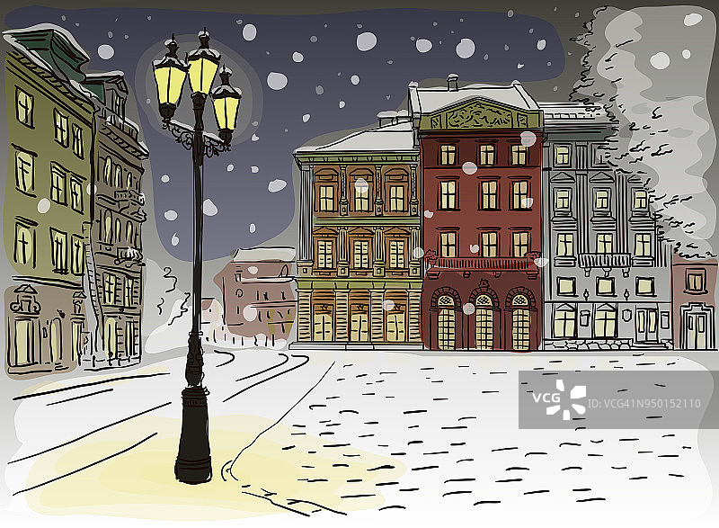 欧洲古董街。冬夜城市景观。图片素材