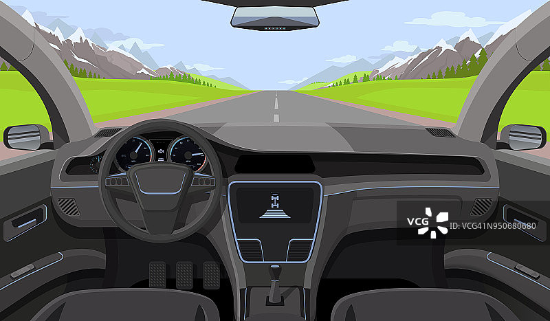 车辆沙龙，车内驾驶员用方向舵、仪表盘和道路，挡风玻璃上的景观。驾驶模拟器矢量图图片素材