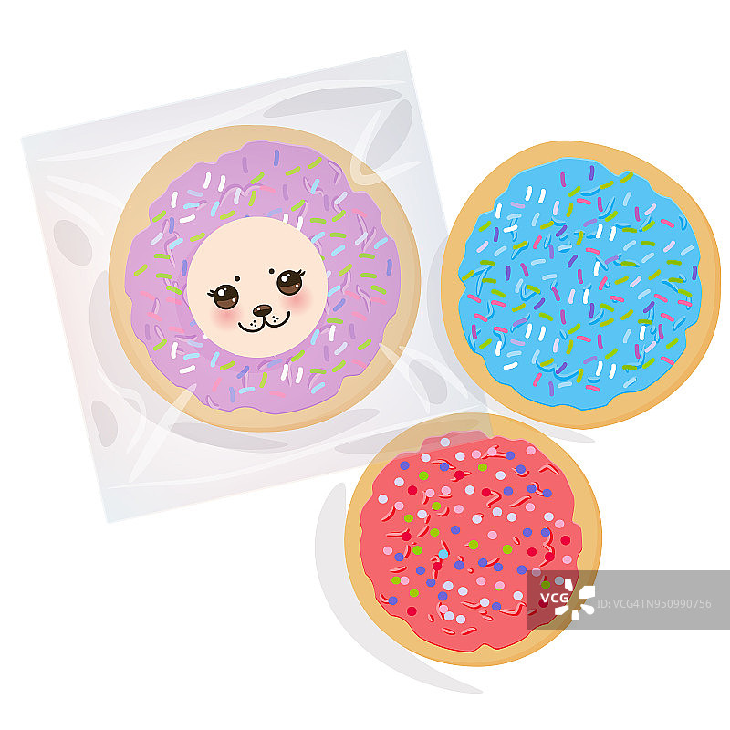 新鲜烤制的饼干装在透明的塑料包装里，上面点缀着粉红色、紫罗兰色和蓝色的糖霜。白色背景上的明亮颜色。向量图片素材