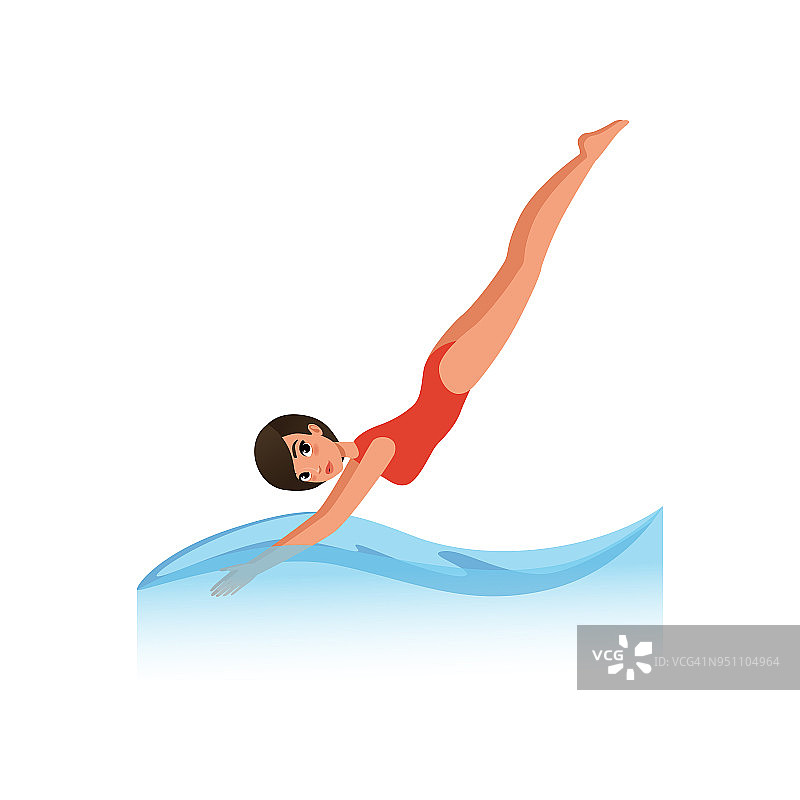美丽的女人在红色泳衣潜入水中，水上运动矢量插图上的白色背景图片素材