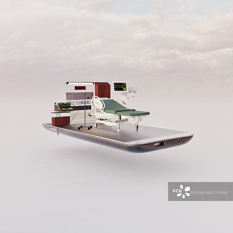 手机微型世界:智能手机屏幕上的病房图片素材
