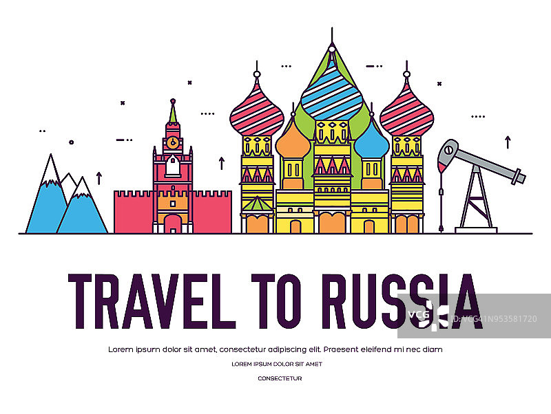 国家俄罗斯旅游度假的地点和特色。一套建筑、项目、自然背景概念。图形传统民族平面、轮廓、细线图标图片素材