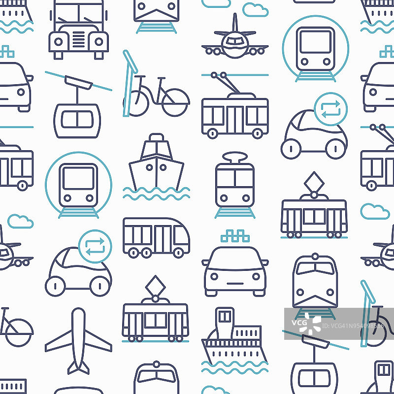 公共交通无缝模式与细线图标:火车、公共汽车、出租车、轮船、渡船、无轨电车、有轨电车、汽车共享。正面和侧视图。现代向量插图。图片素材