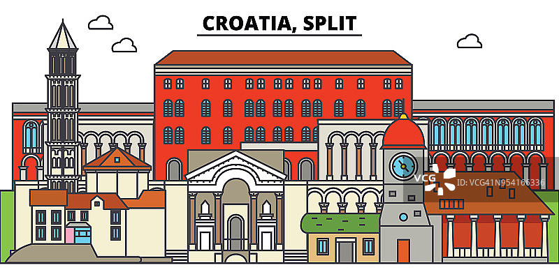 克罗地亚、分裂。城市天际线，建筑，建筑，街道，剪影，景观，全景，地标。可编辑的中风。平面设计线矢量插图概念。孤立的图标图片素材