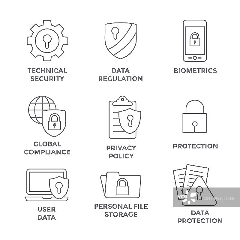 GDPR和隐私政策图标设置与锁，挂锁和盾牌图片素材