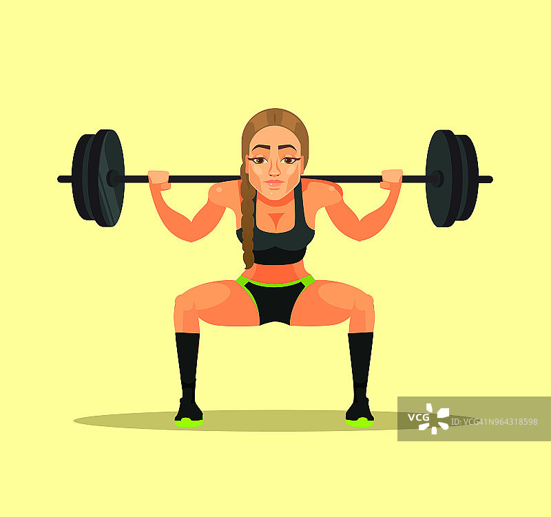 运动健身健美运动员教练女教师做锻炼蹲下姿势例子与沉重的杠铃。运动平面卡通插画平面设计理念图片素材
