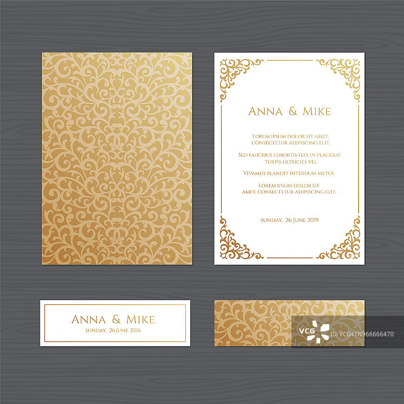 奢华的婚礼邀请或贺卡与复古的黄金装饰。矢量插图。图片素材