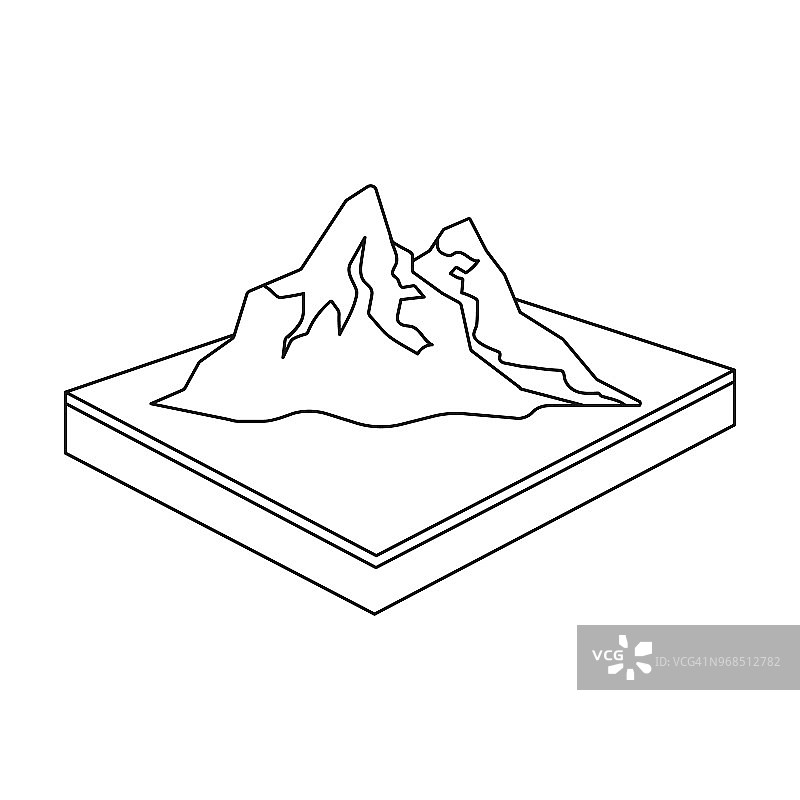 山脉，岩石和景观。浮雕和山在轮廓风格的单一图标等角矢量符号股票插图web。图片素材