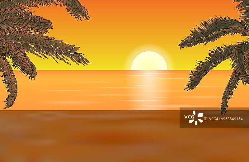 矢量夏季海滩景观与黄色阴影的沙子和详细的棕榈树在橙色日落。图片素材