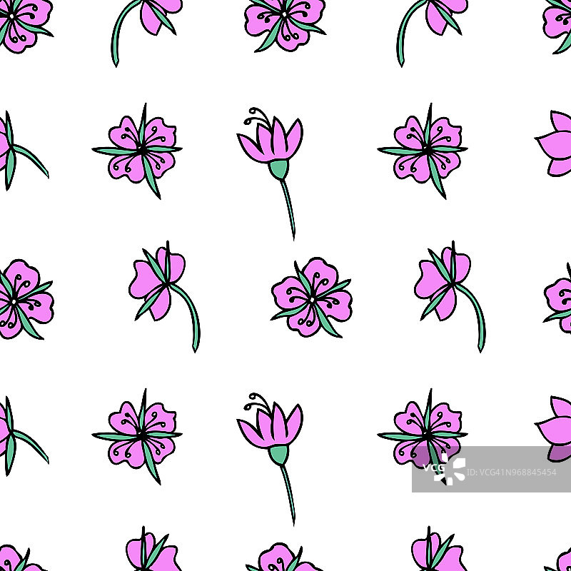 无缝矢量花卉图案柳草凤仙花，玫瑰桂花手绘植物插图孤立在白色背景，纹理为墙纸，纺织品，包装茶图片素材