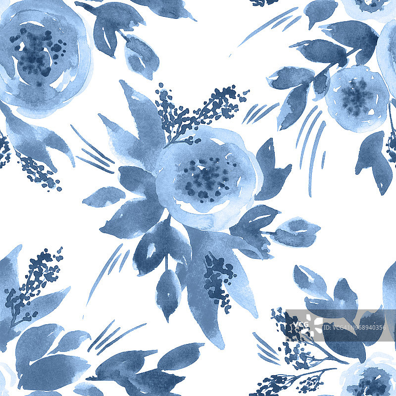 无缝水彩花卉图案与松散牡丹花在靛蓝色图片素材