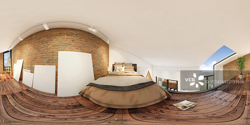 现代工作室公寓卧室360等矩形全景室内图片素材