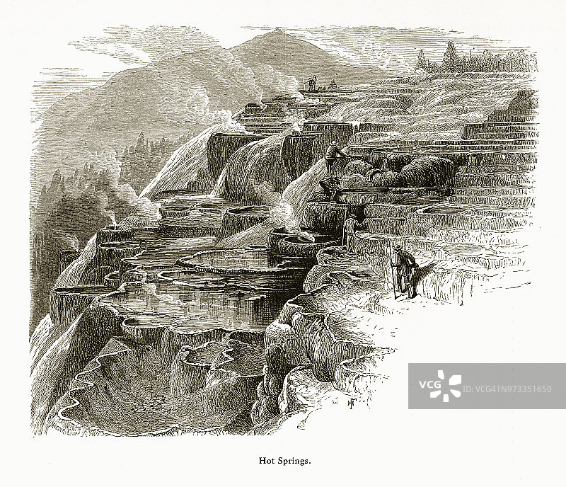 温泉，黄石山谷，黄石国家公园，怀俄明州，蒙大拿州和爱达荷州，美国，美国维多利亚版画，1872年图片素材