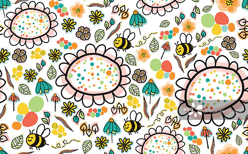白色背景上的蜜蜂和花朵无缝图案图片素材
