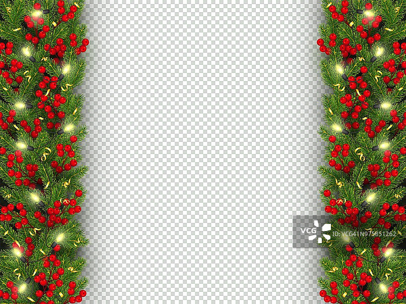 圣诞和新年横幅的现实圣诞树的树枝，花环与发光的灯泡，冬青浆果，蛇形图片素材