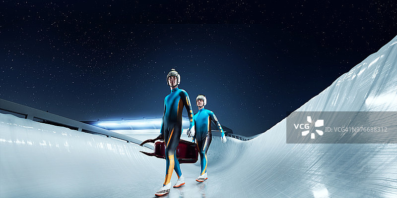 无舵雪橇赛道上的一对男性无舵雪橇选手图片素材