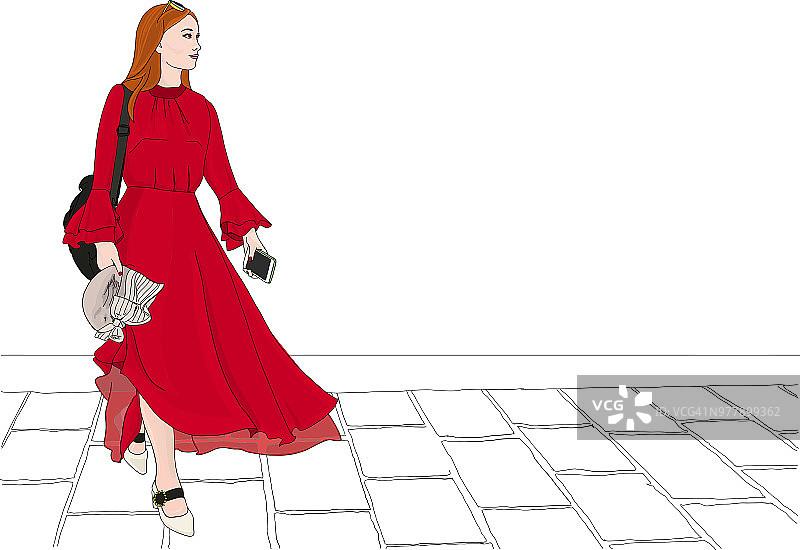 手绘矢量插图。穿着红色长裙的时尚女士。图片素材