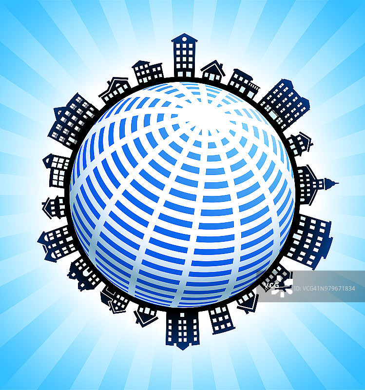 蓝色地球仪线框在农村城市景观天际线背景图片素材