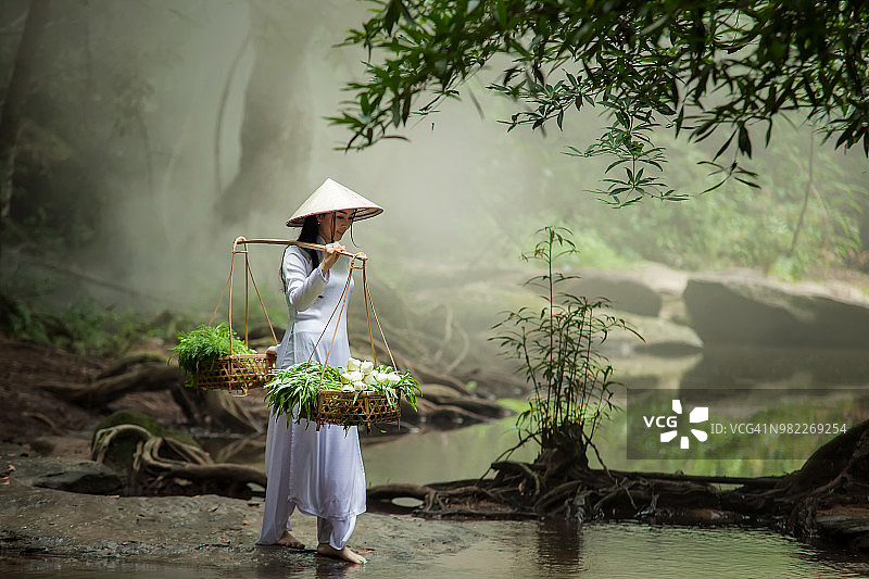 美丽的女子戴着白色的帽子，穿着越南传统的敖代服饰图片素材