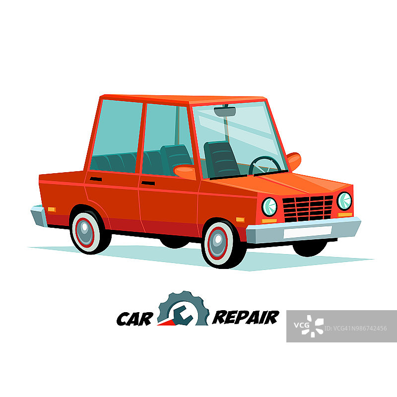 汽车维修的概念。卡通汽车形象在平面风格。汽车修理服务图片素材