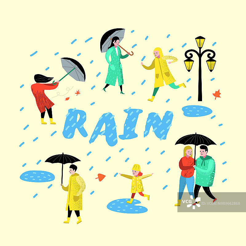 人物在雨中行走。漫画中的雨衣和雨伞。秋天多雨的天气，秋天的季节图片素材