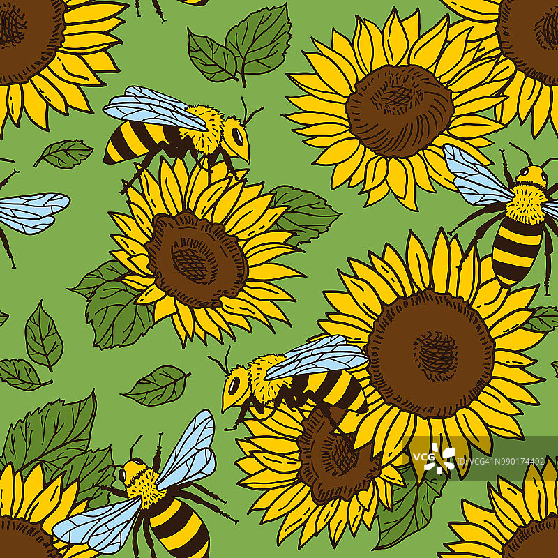 矢量无缝模式与蜜蜂和向日葵。黑色和黄色纹理图片素材