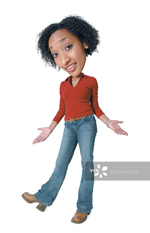 照片漫画的一个年轻的非洲裔美国妇女在牛仔裤和一件红色的衬衫，因为她踢起她的脚和耸肩图片素材