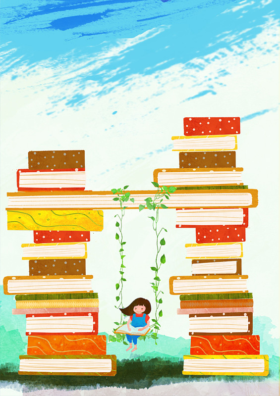 小女孩坐在书架上的秋千上看书图片下载