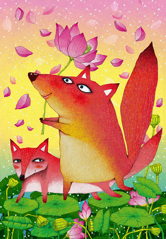 动物创意插画系列-狐狸荷花上舞蹈下载