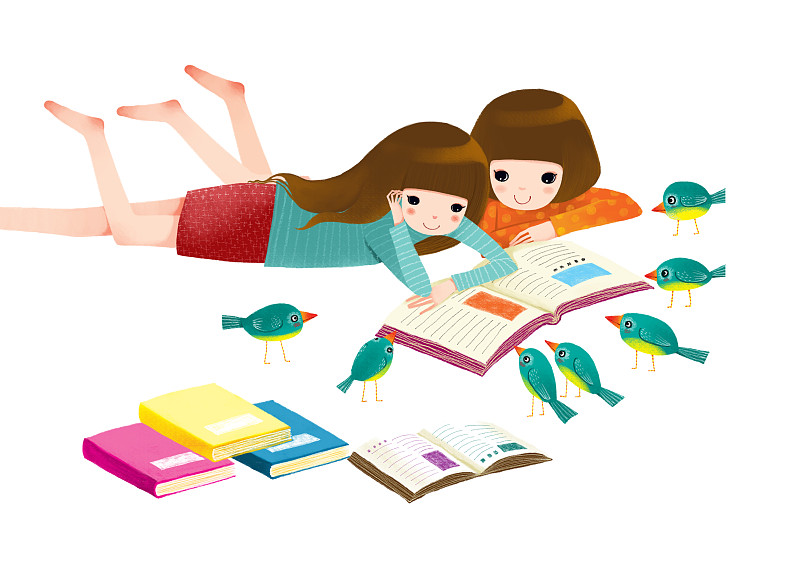 背景分离人物系列组图共3000多幅-趴着看书的女孩和一群鸟图片下载