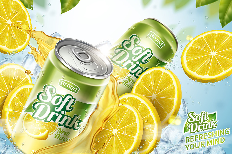 柠檬汽水广告设计﹐冰块与水果切片素材图片下载
