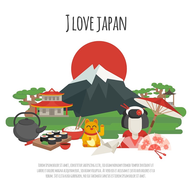 日本传统符号海报。日本民族符号与我爱日本标语彩色海报平面矢量插图图片下载