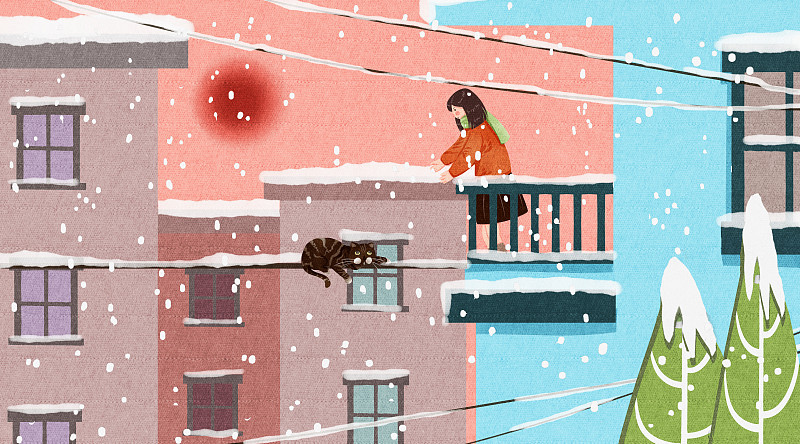 猫与女孩生活二十四节气之小雪图片素材