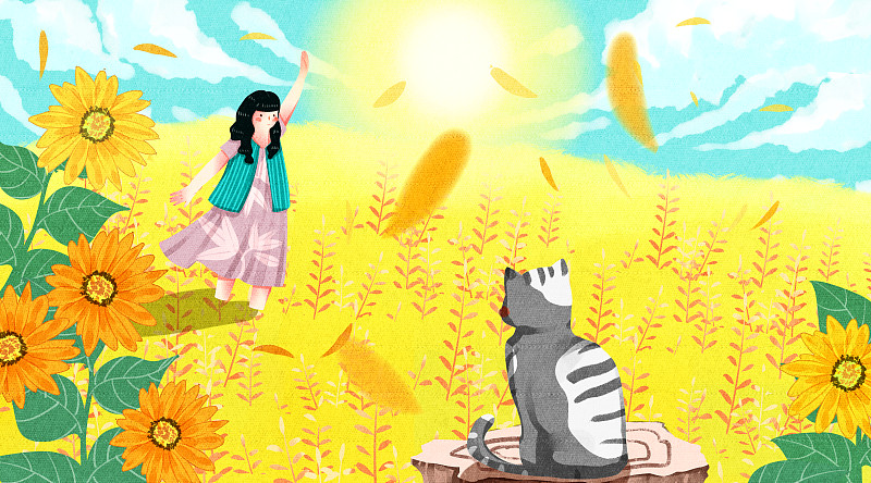 猫与女孩生活二十四节气之秋分图片素材