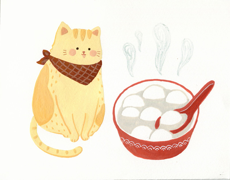 猫咪和汤圆插画下载