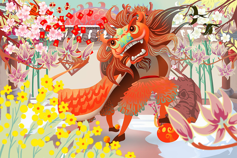 热闹的春节舞狮子插画下载
