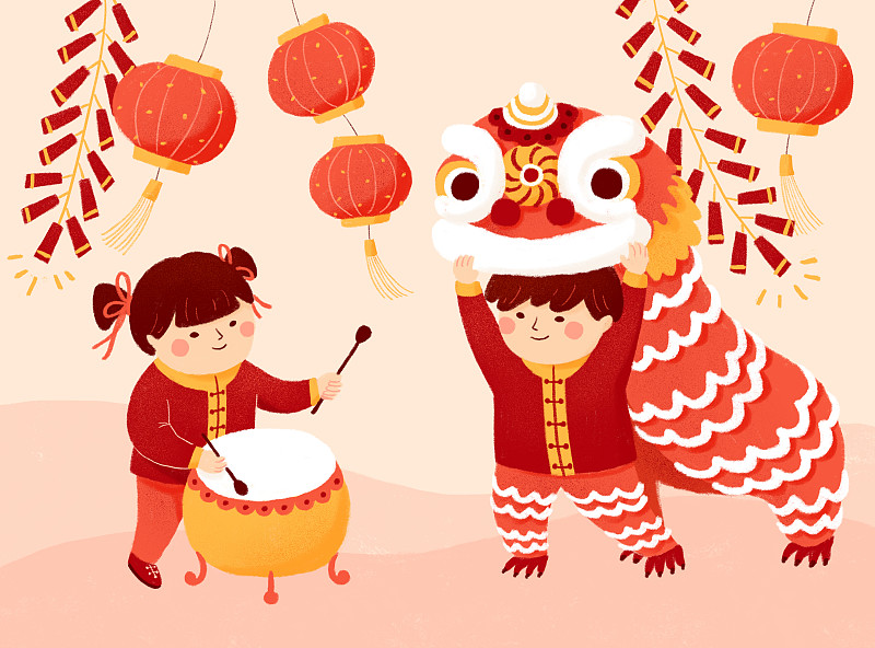 舞狮春节习俗插画下载