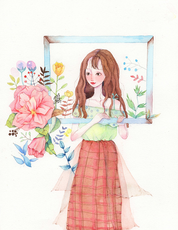 花与女孩手绘水彩插画下载