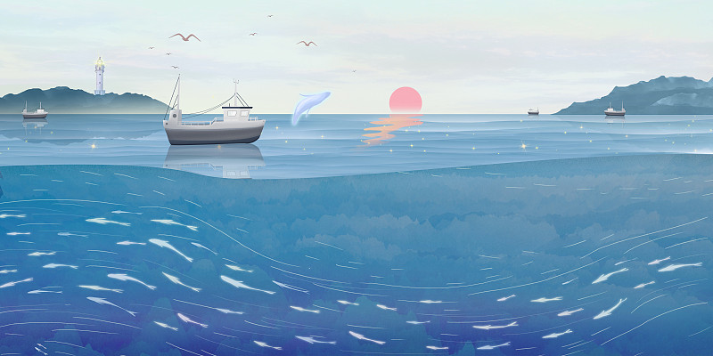 海洋石油勘探，海床剖面图插画背景海报下载