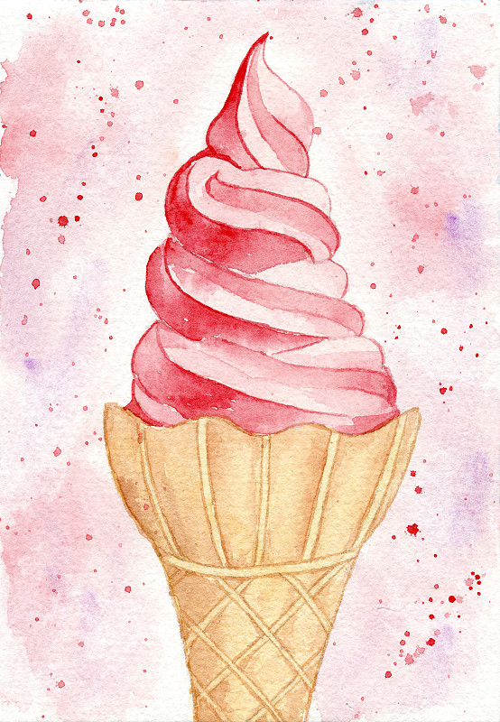 手绘水彩 一个粉色的甜筒冰淇淋图片下载
