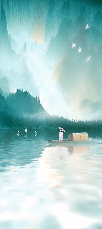 夏天古风少女划船在江面上旅游看风景，瀑布从山峰流下中国风插画下载