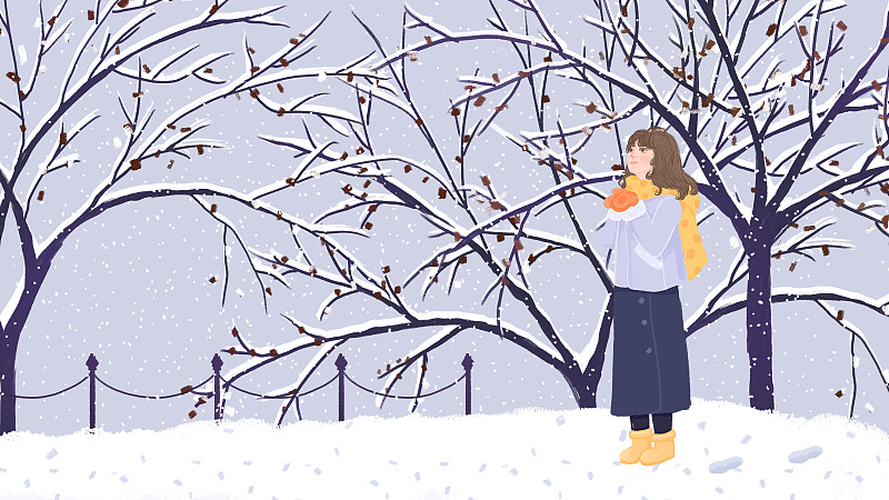 冬天仰望天空接雪花的少女节气手绘插画图片