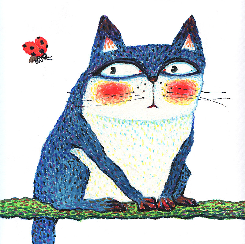 油画棒动物插画作品-蹲在树干上的猫下载