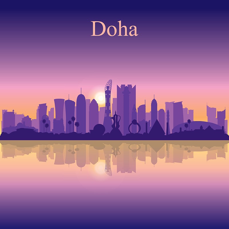 多哈城市剪影在日落的背景图片下载