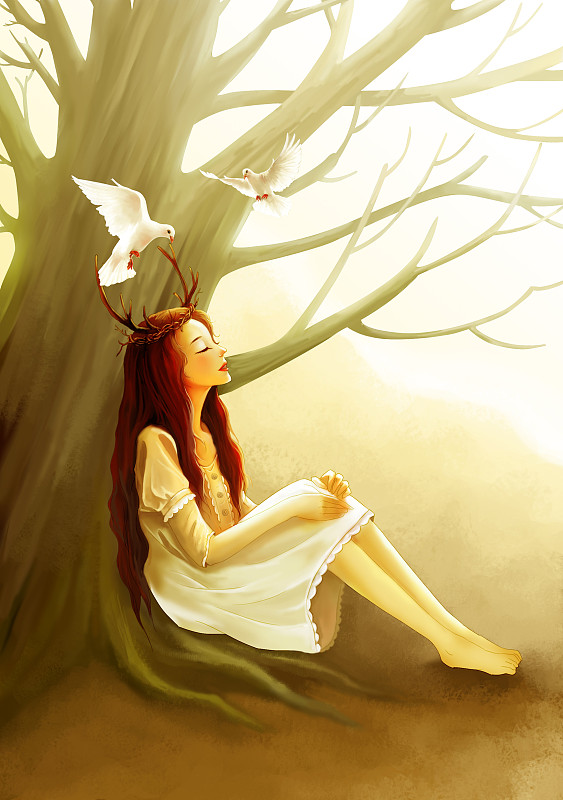 坐在枯树下仰望天空的白衣少女图片下载